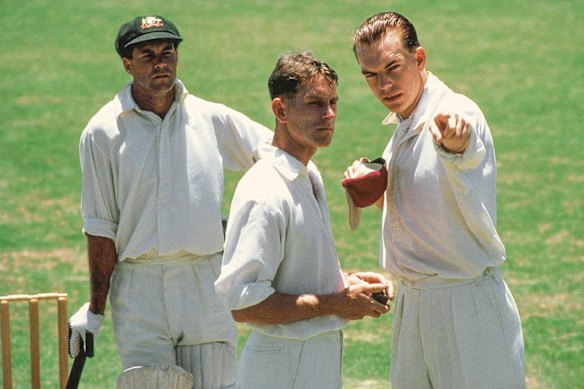 Gary Sweet (left) as Donald Bradman, Jim Holt as Harold Larwood and Hugo Weaving as Douglas Jardine.