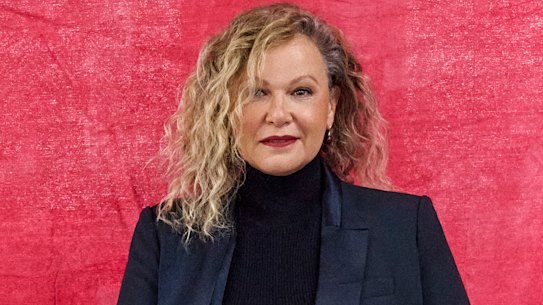 Leah Purcell wears Perri Cutten suit, Nique turtleneck, Bared shoes, Dinosaur Designs jewellery.