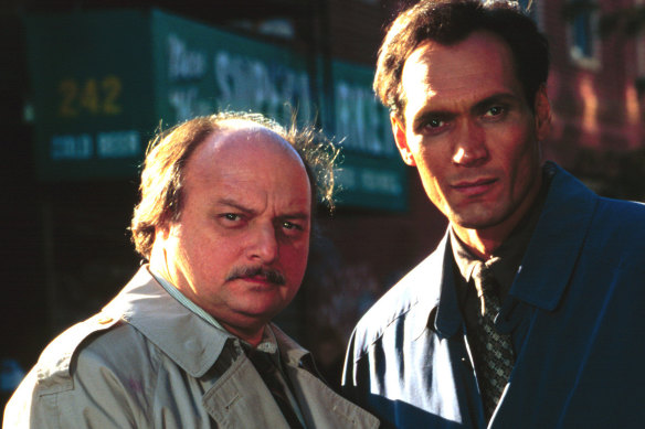 Dennis Franz and Jimmy Smits in <i>NYPD Blue</i>.