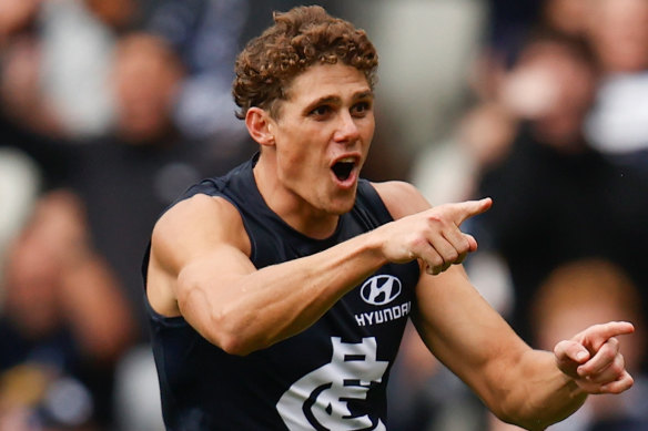 Blues forward Charlie Curnow celebrates a goal this season.