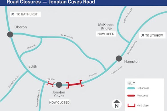 A map showing the current road accessibility for the caves. 