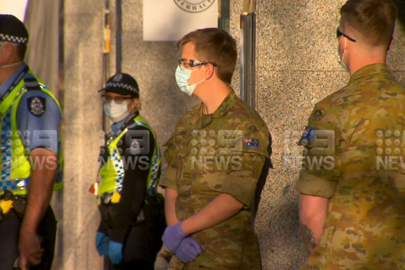 ADF troops outside a Perth hotel on Tuesday.