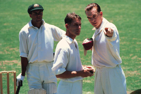 Douglas Jardine (Hugo Weaving, right) instructs Harold Larwood (Jim Holt) to bang it in short in the 1984 miniseries Bodyline.