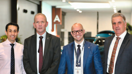 Queensland Opposition Leader David Crisafulli, Queensland Police Union president Ian Leavers, vice president Shane Prior, and opposition police spokesperson Dale Last at the union’s annual conference in May, pictured in the winter 2023 edition of the Queensland Police Union Journal.