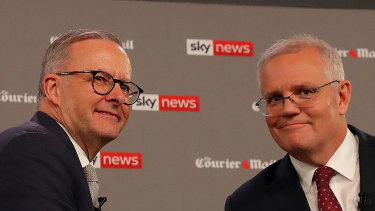 Anthony Albanese and Scott Morrison at the first election debate. 