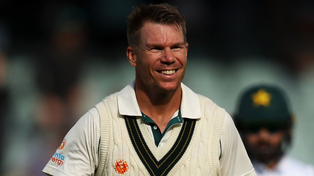 Winning grin: David Warner after scoring 335 not out for Australia in the second Test against Pakistan at the Adelaide Oval.
