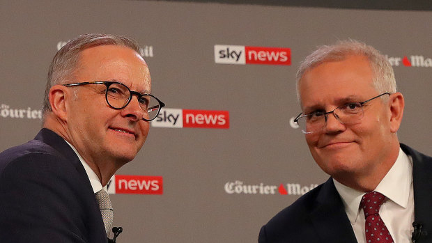 Anthony Albanese and Scott Morrison at the first election debate. 