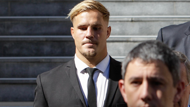 Charged: St George Illawarra player Jack de Belin leaving Wollongong Courthouse on Tuesday.