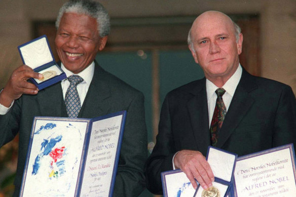 Nelson Mandela and F.W. de Klerk with their Nobel Peace Prize Gold Medal and Diplomas, in Oslo, in 1993.