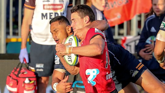 Toni Pulu was sin-binned for this high tackle on Will Jordan.