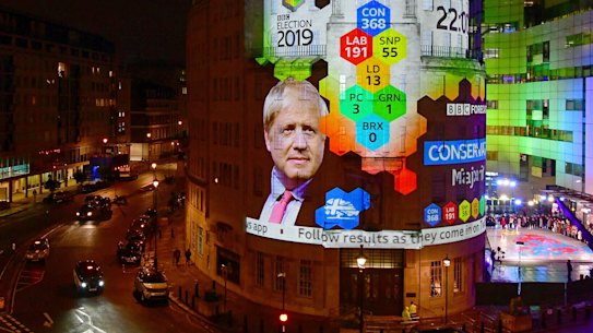The results of the exit poll showing Boris Johnson's lead are projected onto the outside of Broadcasting House in London