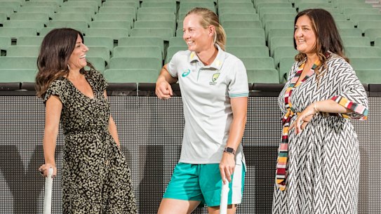 Captain Meg Lanning with producers of The Record, Angela Pippos and Nicole Minchin.