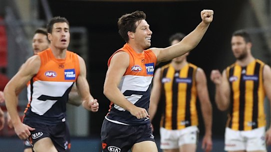 Toby Greene celebrates kicking a goal in the Giants' big win over the Hawks. 