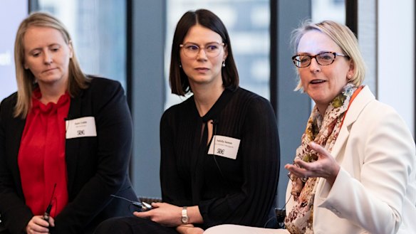 Outgoing Adalta chief executive Sam Cobb, Corrs Chambers Westgarth partner Felicity Saxon and Oculo chief executive Dr Kate Taylor.