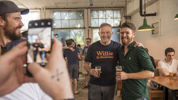 Clutching schooners of Albo Corn Ale, Anthony Albanese poses for a photograph with Ben Suggate at Willie the Boatman Brewery. 