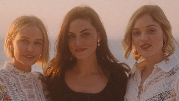 Lara Worthington (left), Phoebe Tonkin and Bella Heathcote in Capri with Zimmermann. 