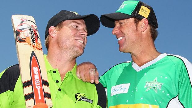 David Warner and Shane Warne pose for a publicity shot ahead of the 2011 Big Bash. 