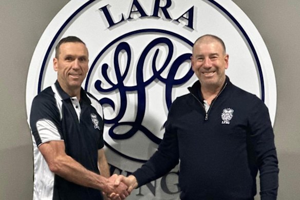Senior coach Brett Henderson and president Chris Spence of the Lara Football Netball Club. Lara’s senior and reserves sides have gone into recess for 2026.
