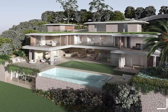 The mega-mansion with at least five bedrooms also comes with a pool, spa, outdoor bar, wine room, mud room, games room, bowling alley and home office.