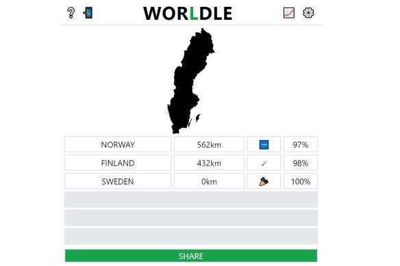 In Worldle, players must guess the country from shape, proximity and direction. 