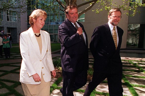 Cheryl Kernot, Kim Beazley and Gareth Evans after the former Democrats leader announced her defection in 1997.