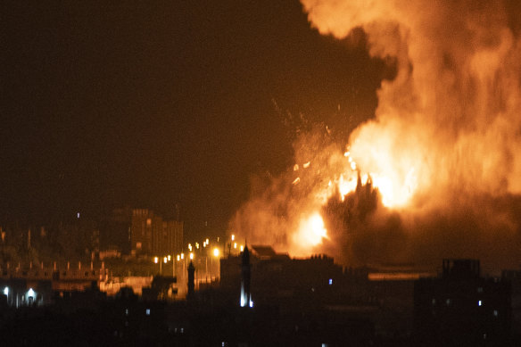 An explosion caused by Israeli air strikes on the Gaza Strip early on Tuesday.