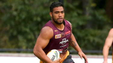 Joe Ofahengaue in action during Brisbane Broncos training at Clive Berghofer Field in Brisbane on Wednesday.