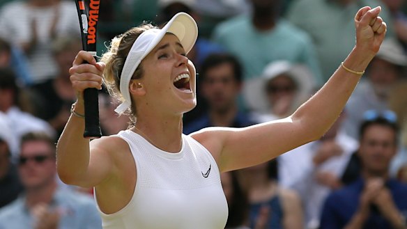 Ukraine's Elina Svitolina celebrates defeating Karolina Muchova.