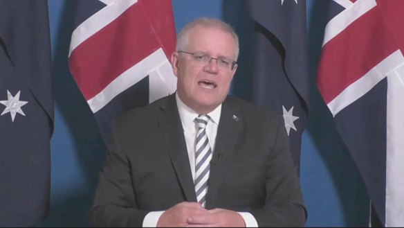 Prime Minister Scott Morrison at The Lodge addresses the Policy Exchange in London via Zoom.