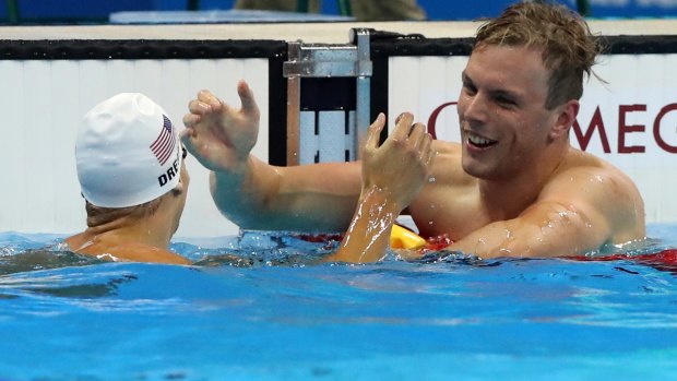 Rivals:   Kyle Chalmers with Caeleb Dressel after a heat swim at the Rio Olympics.