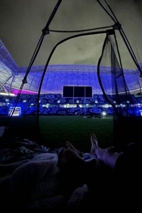 The view of Allianz Stadium at night from Harrison Goddard’s swag.