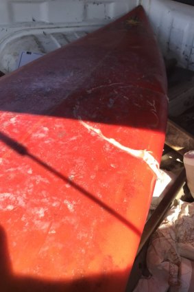 A bite mark in a surfer's board after being attacked by a shark off the coast of Gracetown only hours after another attack earlier in the day on Monday. Picture: Gian De Poloni, ABC South West @GianDePoloni