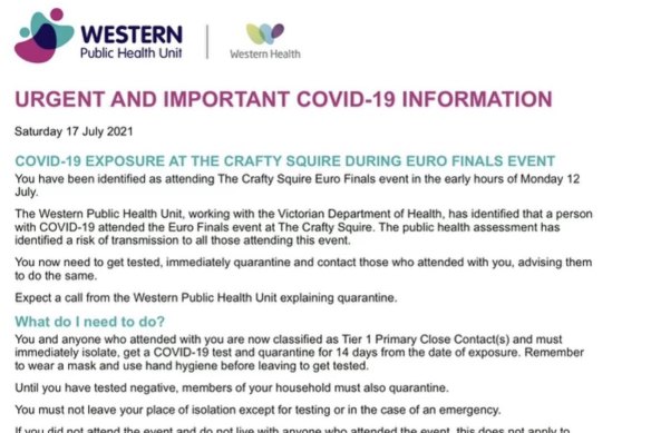 A message sent by the Western Public Health Unit warning people who attended a Euro finals event.