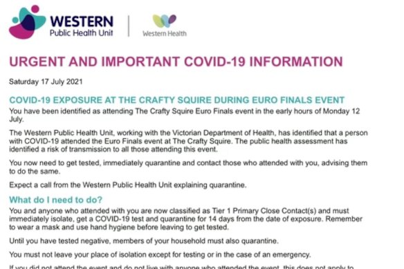 A message sent by the Western Public Health Unit warning people who attended a Euro finals event.
