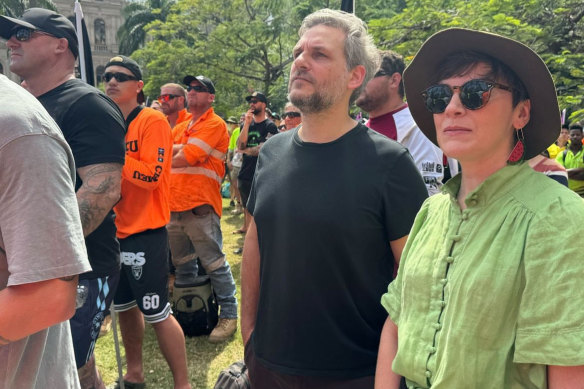 State Greens MPs Amy MacMahon (right) and Michael Berkman at a CFMEU rally in Brisbane ahead of the election campaign.