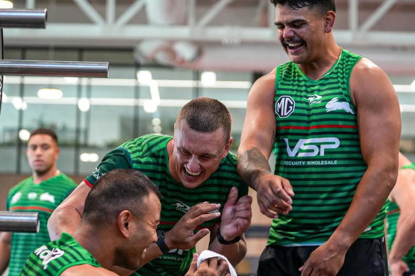 That’s my boy: Jack Wighton and Latrell Mitchell having a laugh at South Sydney training.