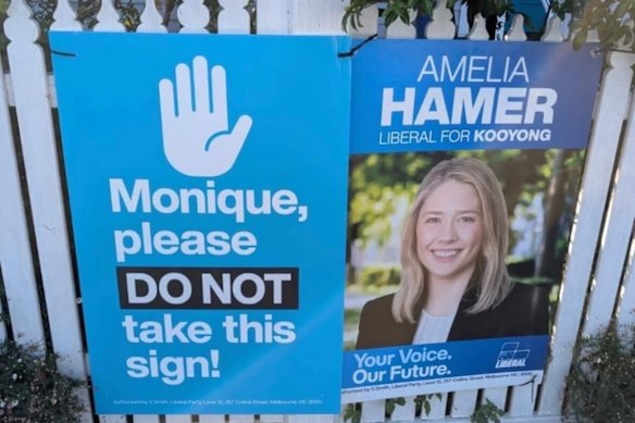 Liberal candidate for Kooyong Amelia Hamer hits back after Ryan’s husband Peter Jordan was filmed removing one of her campaign signs.