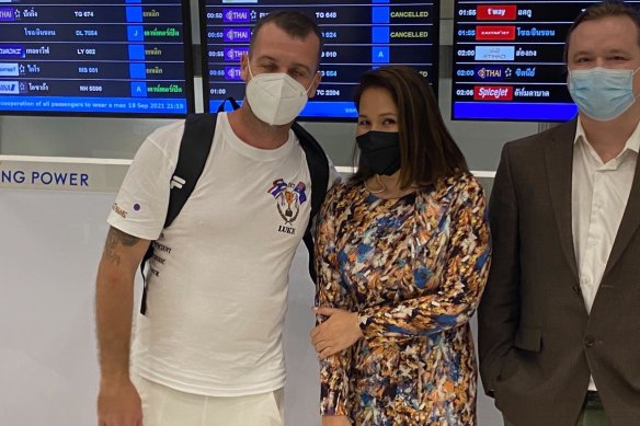Luke Cook at Bangkok airport with wife Kanyarat Wechapitak. He arrived in Sydney on Sunday after being cleared of drug trafficking, for which he had been sentenced to death.