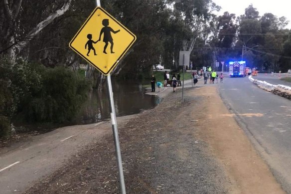 A walk-cycle path begins to go underwater in Echuca on Saturday.