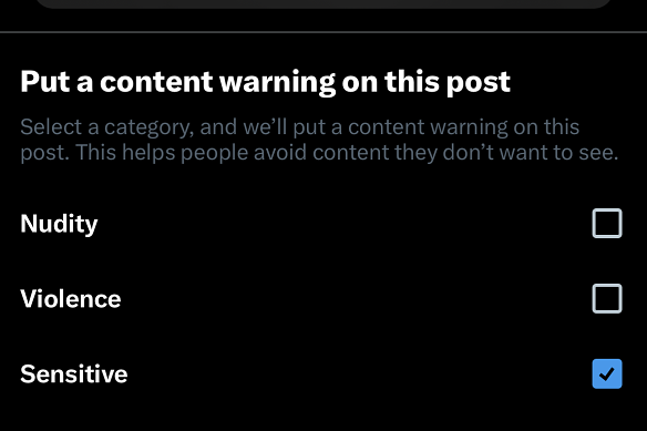 X gives posters the option of putting a content warning on their content, but it is rarely used.