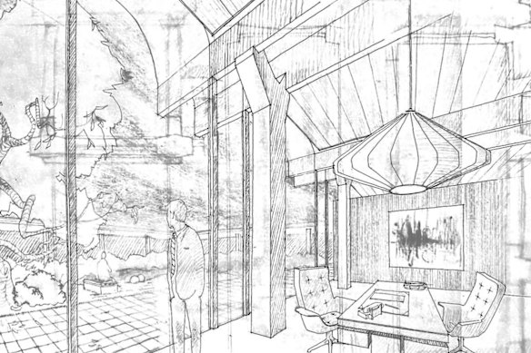An original drawing by John James, the architect of the Reader’s Digest building in Surry Hills, with views over the rooftop garden. 