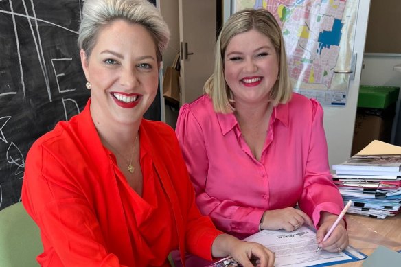 Outgoing Labor councillor for Morningside Kara Cook (left) with state government media adviser Lucy Collier, who will take over the role in May.