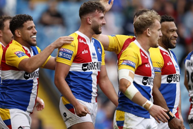London Broncos' Joshua Rourke (centre) celebrates after scoring a try during the Betfred Super League match at Elland Road, Leeds. Picture date: Saturday August 17, 2024. (Photo by Richard Sellers/PA Images via Getty Images)