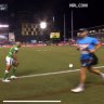 Sharks trainer Daniel Holdsworth runs past Jamal Fogarty as he attempts a conversion on Sunday night.