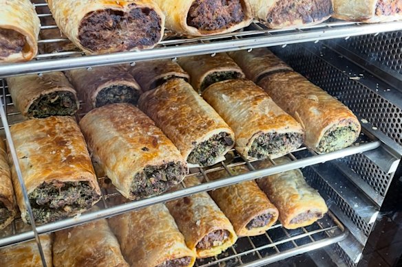 Homemade sausage rolls are available in the cabinet.