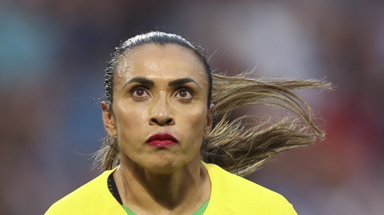 Brazil's Marta runs during the Women's World Cup round of 16 soccer match between France and Brazil at the Oceane stadium in Le Havre, France, Sunday, June 23, 2019. (AP Photo/Francisco Seco)