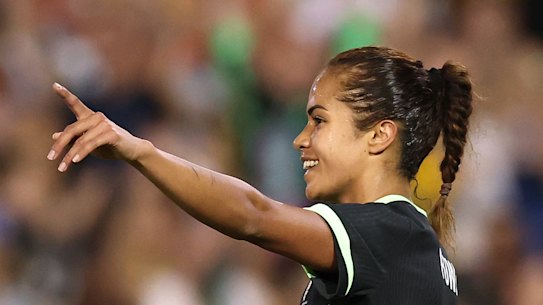 Mary Fowler celebrates scoring a goal during a match between the Matildas and Korea Republic in Newcastle in April. 