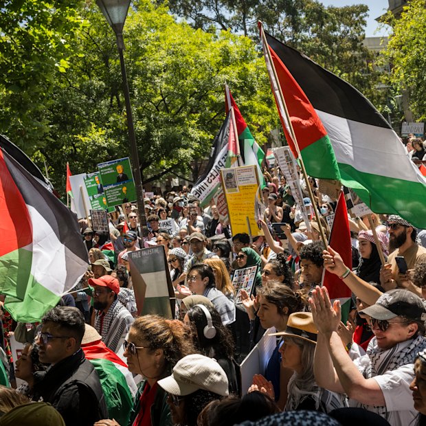Pro-Palestine protesters outside the State Library in Melbourne’s CBD in 2023.