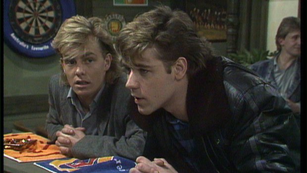 Jason Donovan as Scott Robinson and Russell Crowe as Kenny Larkin in 1987.
