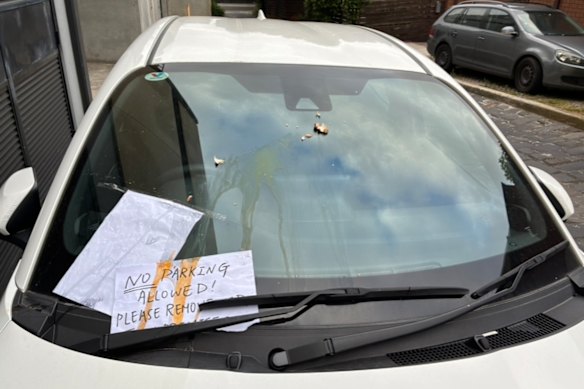 A nearby resident’s car covered in cracked eggs and a note on St John’s Lane earlier this year. 